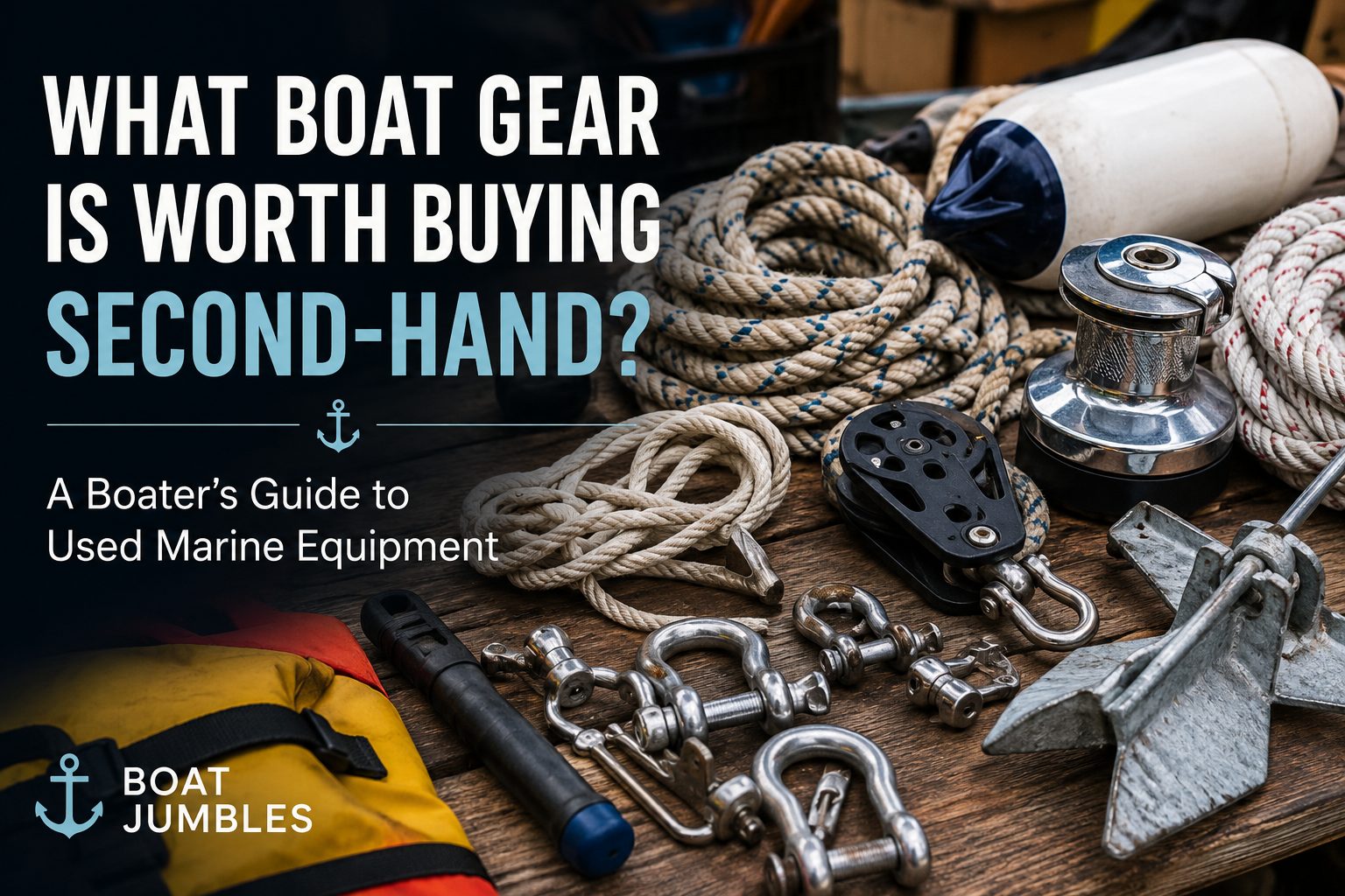 Used boat gear including ropes, anchors, shackles and marine equipment laid out on a table.